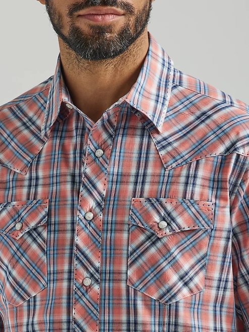Wrangler Clothing Orange (112324665) Men Fashion Snap Short Sleeve Western Snap Plaid Shirt 8V2H458