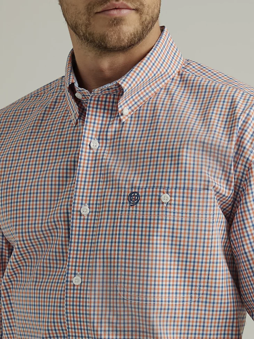 Wrangler Clothing Orange Peel (112327816) Men George Strait Short Sleeve 1 Pocket Button Down Plaid Shirt 8V2H312