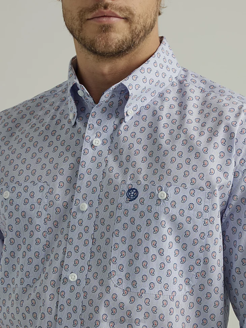 Wrangler Clothing Paisley Blue (112327823) Men George Strait Short Sleeve 2 Pocket Button Down Print Shirt 8V2H366