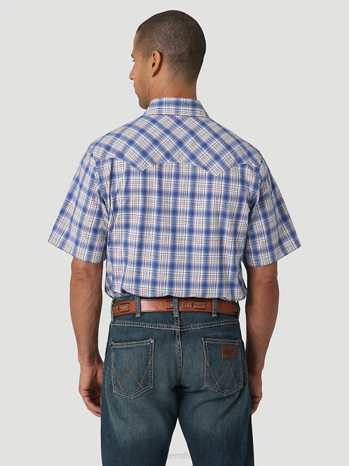 Wrangler Clothing Picnic Navy (112326335) Men Retro Short Sleeve Western Snap with Sawtooth Flap Pocket Plaid Shirt 8V2H431