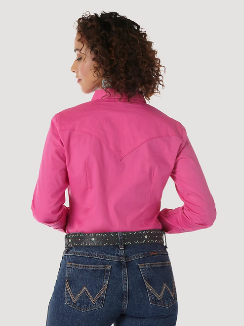Wrangler Clothing Pink (LW1003K) Women Long Sleeve One Point Front and Back Yokes Solid Top 8V2H891
