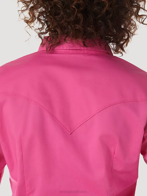 Wrangler Clothing Pink (LW1003K) Women Long Sleeve One Point Front and Back Yokes Solid Top 8V2H891