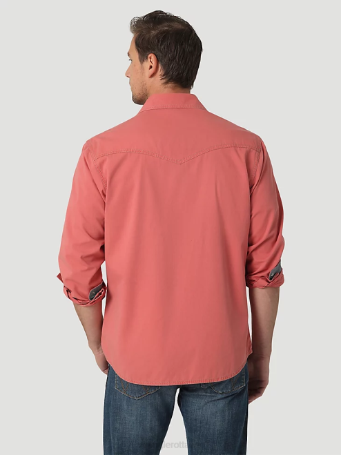 Wrangler Clothing Pomelo Red (112327788) Men Retro Premium Long Sleeve Button-Down Solid Shirt 8V2H304
