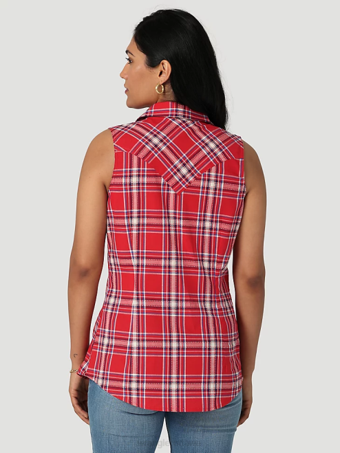 Wrangler Clothing Pop Red (112329682) Women Retro Sleeveless Plaid Western Snap Top 8V2H896