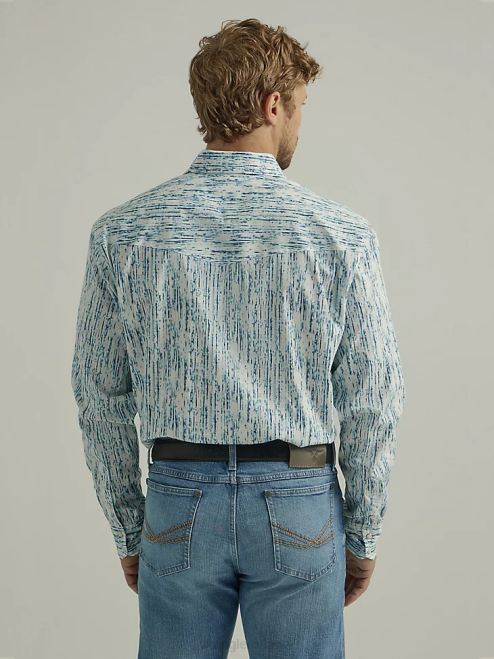 Wrangler Clothing Rainy Blue (112327797) Men 20X Competition Advanced Comfort Long Sleeve Western Snap Print Shirt 8V2H490