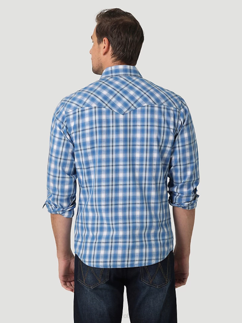 Wrangler Clothing Riviera Blue (112327792) Men Retro Premium Long Sleeve Western Snap Plaid Shirt 8V2H479
