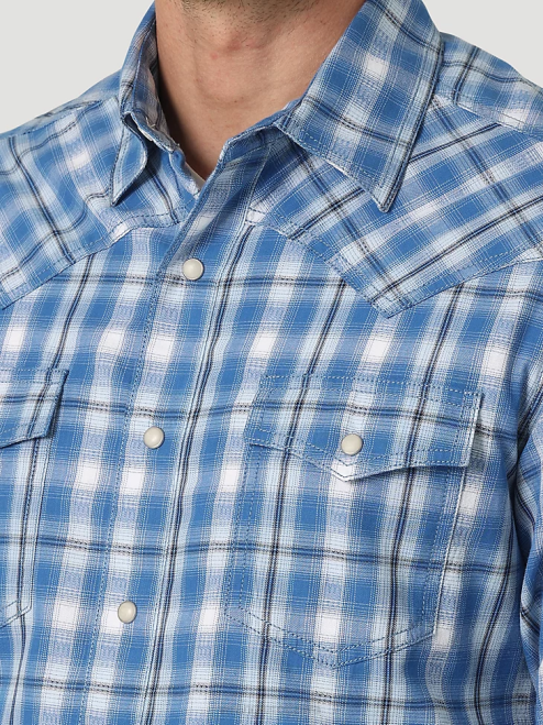 Wrangler Clothing Riviera Blue (112327792) Men Retro Premium Long Sleeve Western Snap Plaid Shirt 8V2H479
