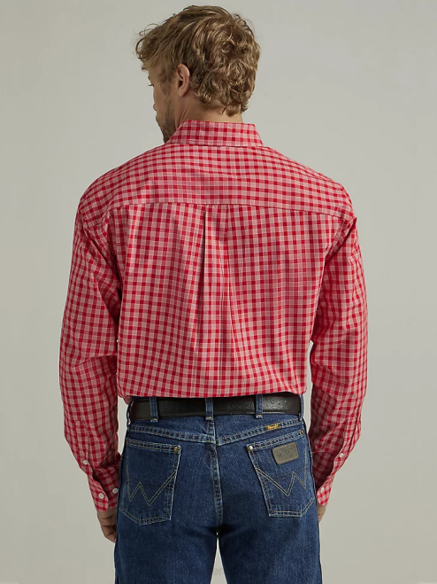 Wrangler Clothing Rosy Red Plaid (112327829) Men George Strait Long Sleeve Button Down One Pocket Plaid Shirt 8V2H318