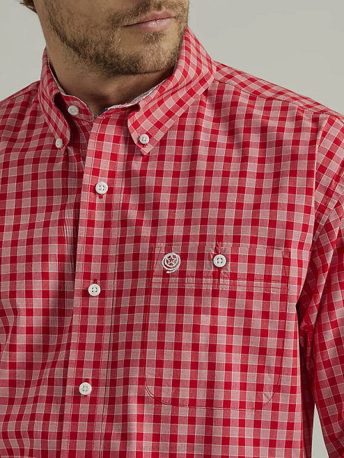 Wrangler Clothing Rosy Red Plaid (112327829) Men George Strait Long Sleeve Button Down One Pocket Plaid Shirt 8V2H318