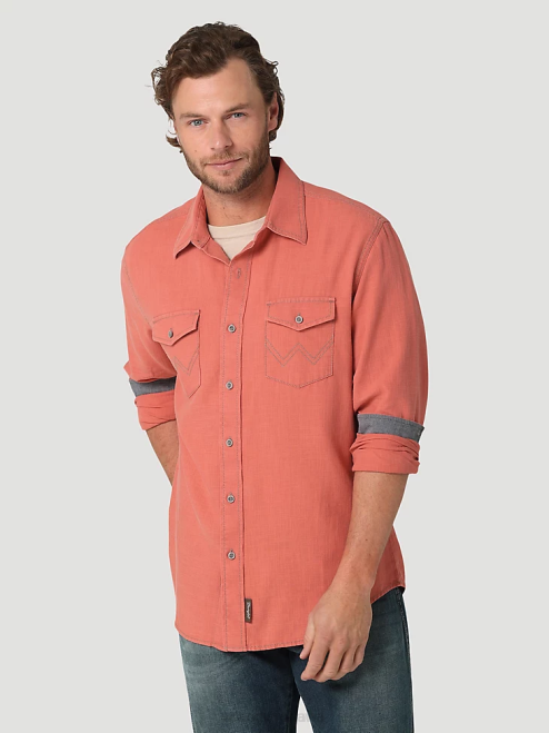 Wrangler Clothing Salmon Red (112324852) Men Retro Premium Long Sleeve Button-Down Solid Shirt 8V2H303