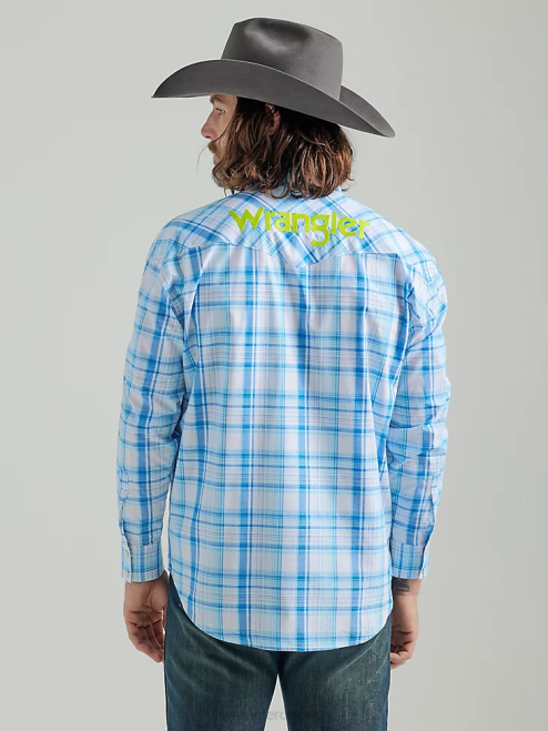 Wrangler Clothing Sea Blue (112324644) Men Logo Long Sleeve Western Snap Plaid Shirt 8V2H497