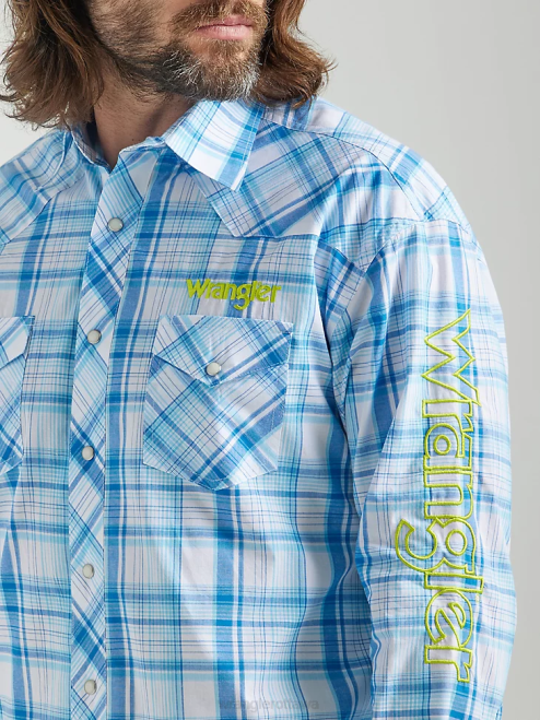 Wrangler Clothing Sea Blue (112324644) Men Logo Long Sleeve Western Snap Plaid Shirt 8V2H497
