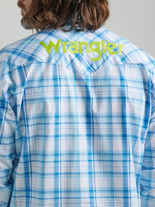Wrangler Clothing Sea Blue (112324644) Men Logo Long Sleeve Western Snap Plaid Shirt 8V2H497