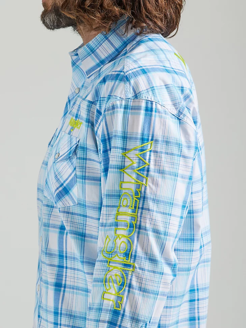 Wrangler Clothing Sea Blue (112324644) Men Logo Long Sleeve Western Snap Plaid Shirt 8V2H497