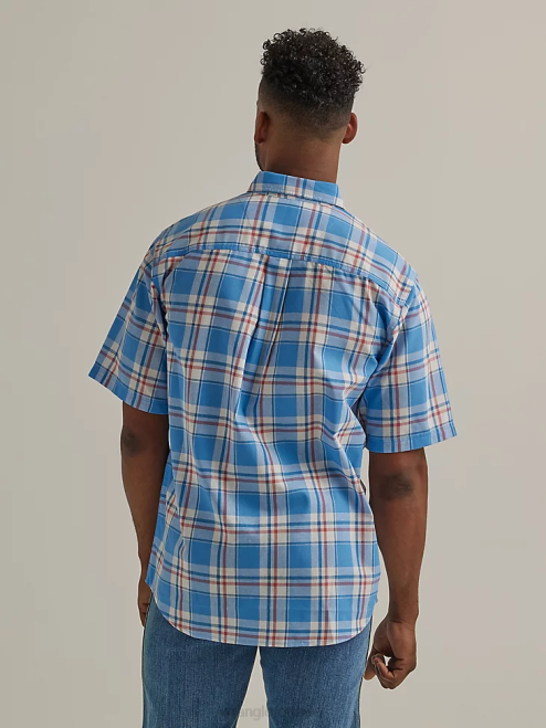 Wrangler Clothing Sea Blue (112325898) Men Rugged Wear Short Sleeve Easy Care Plaid Button-Down Shirt 8V2H344