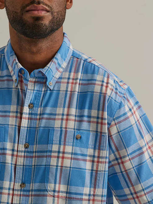 Wrangler Clothing Sea Blue (112325898) Men Rugged Wear Short Sleeve Easy Care Plaid Button-Down Shirt 8V2H344