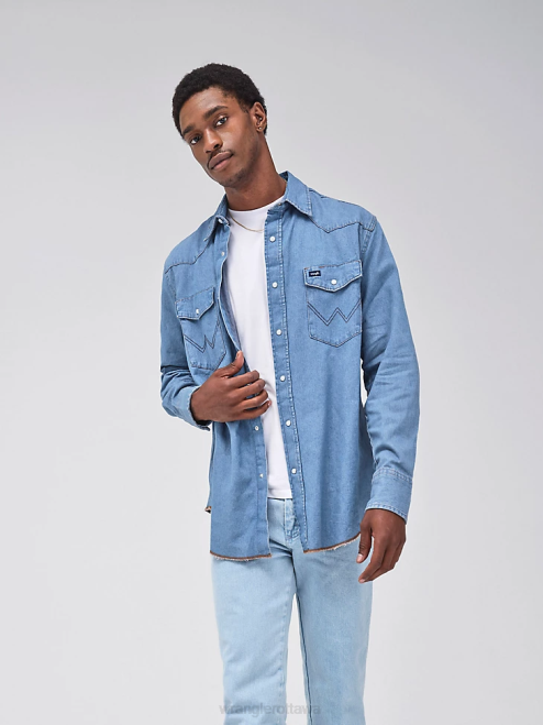 Wrangler Clothing Stonewash (70127SW) Men Cowboy Cut Long Sleeve Western Denim Snap Work Shirt 8V2H407