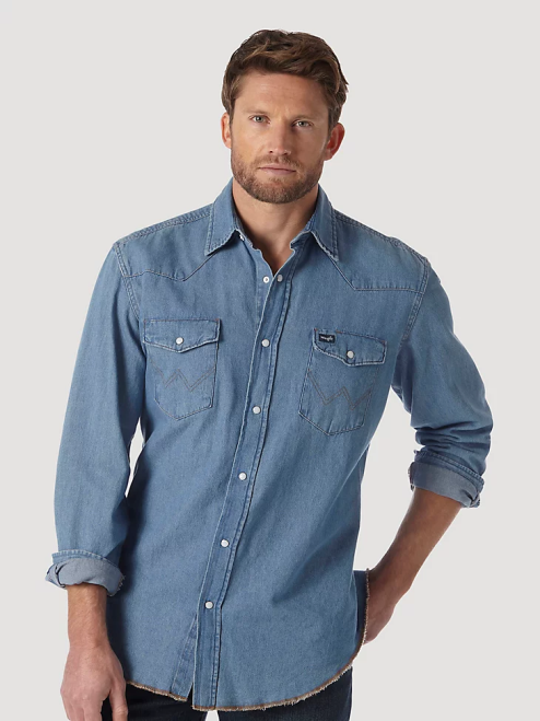 Wrangler Clothing Stonewash (70127SW) Men Cowboy Cut Long Sleeve Western Denim Snap Work Shirt 8V2H407