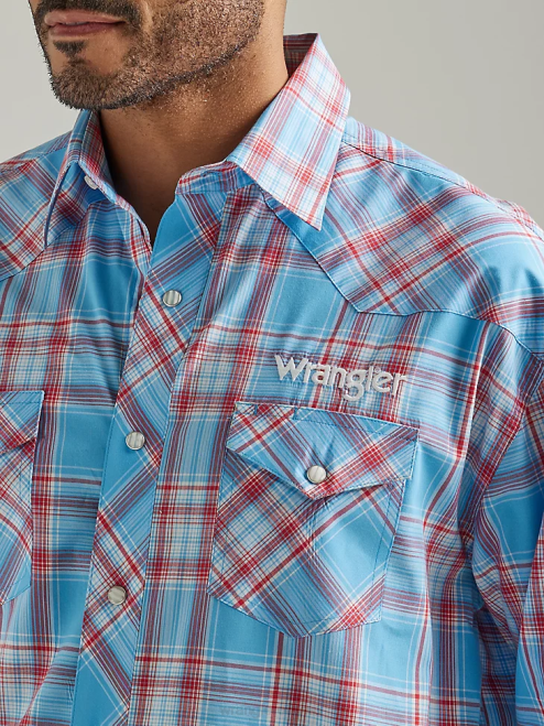Wrangler Clothing Sunny Blue (112327776) Men Logo Long Sleeve Western Snap Plaid Shirt 8V2H498