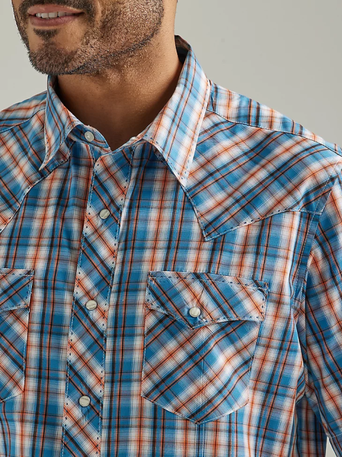 Wrangler Clothing Sunset Blue (112326470) Men Fashion Snap Short Sleeve Western Snap Plaid Shirt 8V2H462