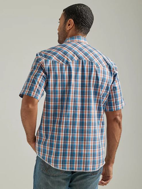 Wrangler Clothing Sunset Blue (112326470) Men Fashion Snap Short Sleeve Western Snap Plaid Shirt 8V2H462