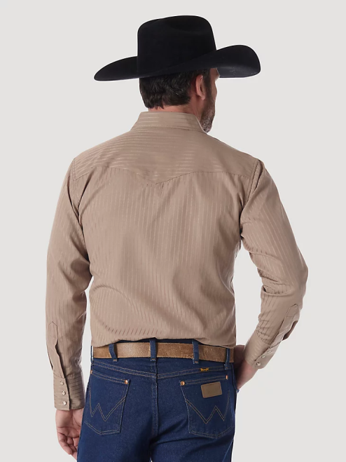 Wrangler Clothing Tan (Dark) (75742TN) Men Western Long Sleeve Western Snap Dobby Stripe Shirt 8V2H464