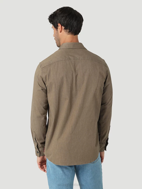 Wrangler Clothing Teak Heather (112324408) Men Long Sleeve Twill/Denim Shirt 8V2H376
