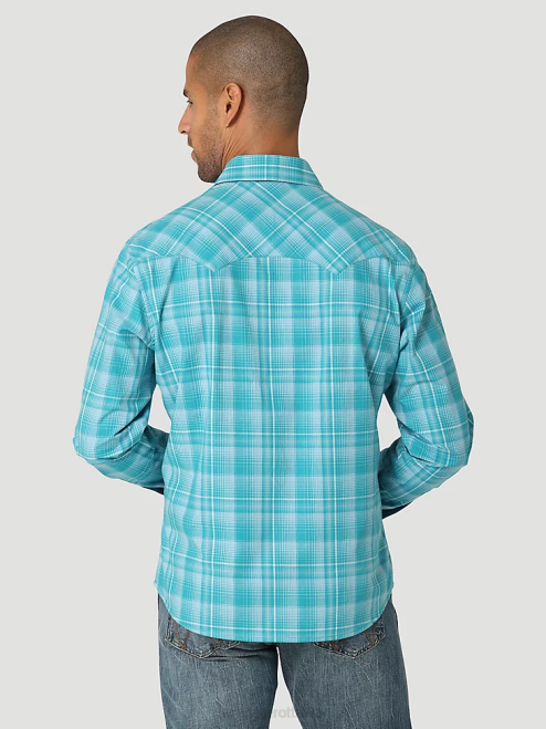 Wrangler Clothing Teal Blue (112324670) Men Retro Long Sleeve Sawtooth Snap Pocket Western Shirt 8V2H693
