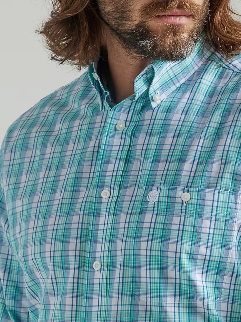 Wrangler Clothing Teal Floral (112324879) Men George Strait Long Sleeve Button Down One Pocket Plaid Shirt 8V2H315