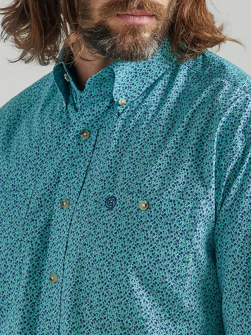 Wrangler Clothing Teal Flowers (112324889) Men George Strait Long Sleeve Two Pocket Button Down Print Shirt 8V2H368