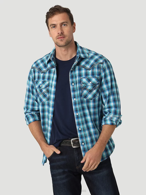 Wrangler Clothing Toile Blue (112327790) Men Retro Premium Long Sleeve Button-Down Print Shirt 8V2H426