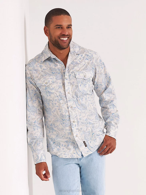 Wrangler Clothing Toile Blue (112327790) Men Retro Premium Long Sleeve Button-Down Print Shirt 8V2H426