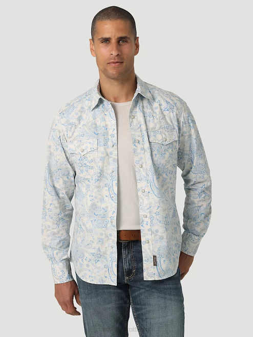 Wrangler Clothing Toile Blue (112327790) Men Retro Premium Long Sleeve Button-Down Print Shirt 8V2H426
