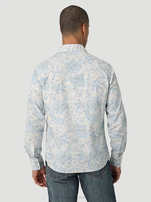 Wrangler Clothing Toile Blue (112327790) Men Retro Premium Long Sleeve Button-Down Print Shirt 8V2H426