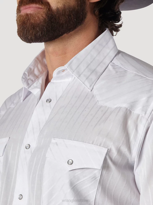 Wrangler Clothing White (75221WH) Men Western Long Sleeve Western Snap Dobby Stripe Shirt 8V2H469