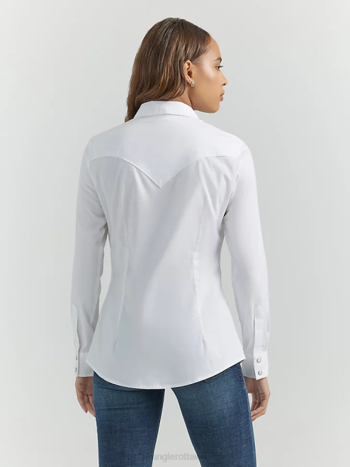 Wrangler Clothing White (LW1001W) Women Long Sleeve One Point Front and Back Yokes Solid Top 8V2H889