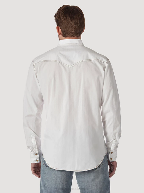 Wrangler Clothing White (MVR531W) Men Retro Long Sleeve Western Snap Solid Dobby Shirt 8V2H470