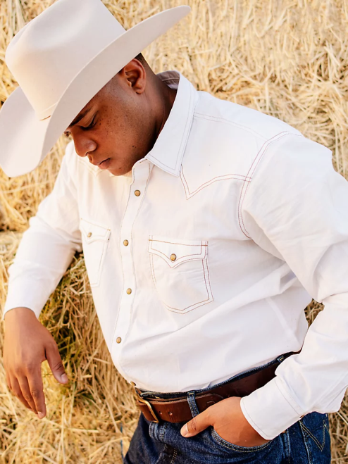 Wrangler Clothing White (MVR531W) Men Retro Long Sleeve Western Snap Solid Dobby Shirt 8V2H470