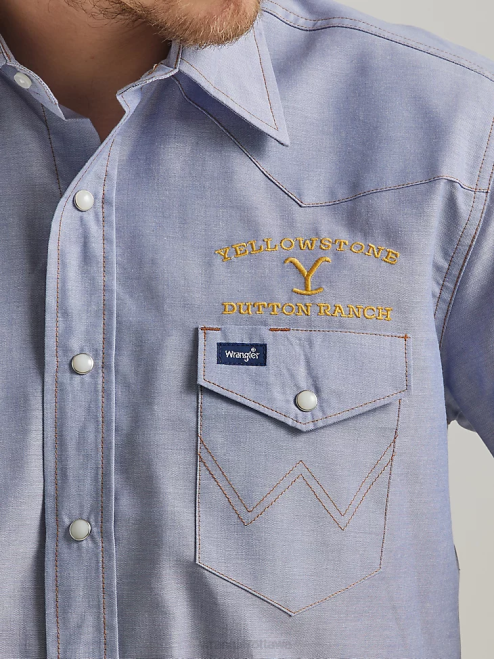 Wrangler x Yellowstone Clothing Indigo Chambray (112337495) Men Short Sleeve Chambray Work Shirt 8V2H506