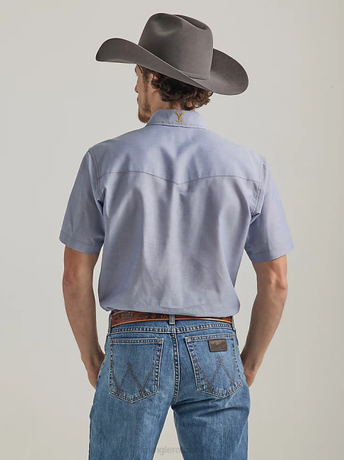 Wrangler x Yellowstone Clothing Indigo Chambray (112337495) Men Short Sleeve Chambray Work Shirt 8V2H506