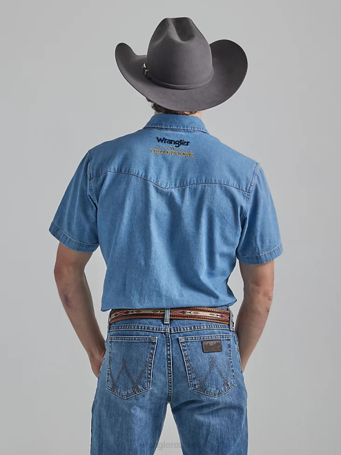 Wrangler x Yellowstone Clothing Stonewash Indigo (112337485) Men Short Sleeve Chambray Work Shirt 8V2H505