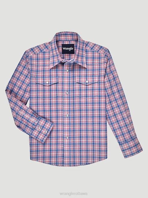 Wrangler Clothing Fireworks Blue (112326323) Boys Long Sleeve Wrinkle Resist Western Snap Plaid Shirt 8V2H968