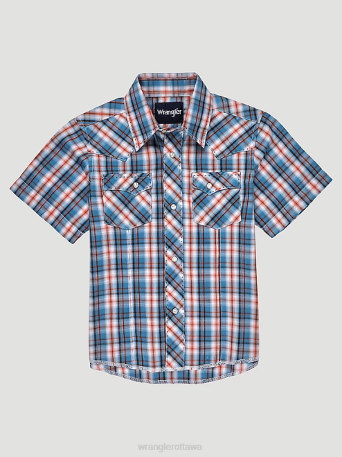 Wrangler Clothing Sunset Blue (112326439) Boys Short Sleeve Fashion Western Snap Plaid Shirt 8V2H1004