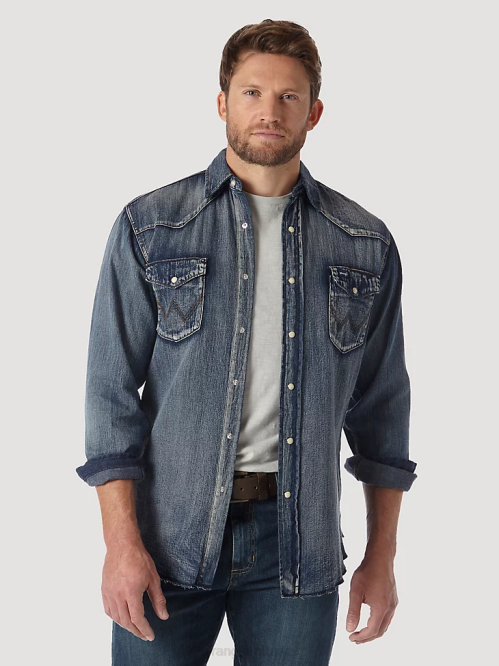 Clothing Antique Blue (MS1039W) Men Wrangler Cowboy Cut Long Sleeve Western Denim Snap Work Shirt 8V2H408