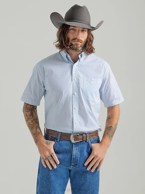 Clothing Baby Blue (112324872) Men Wrangler George Strait Short Sleeve Button Down One Pocket Print Shirt 8V2H300