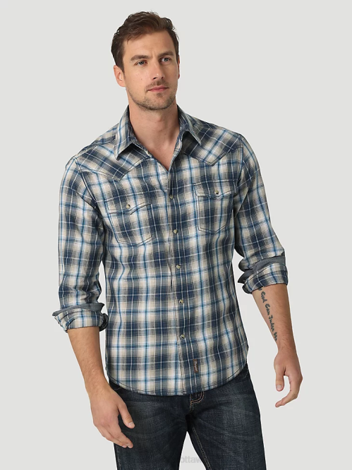 Clothing Deep Indigo (112327793) Men Wrangler Retro Premium Long Sleeve Western Snap Plaid Shirt 8V2H480