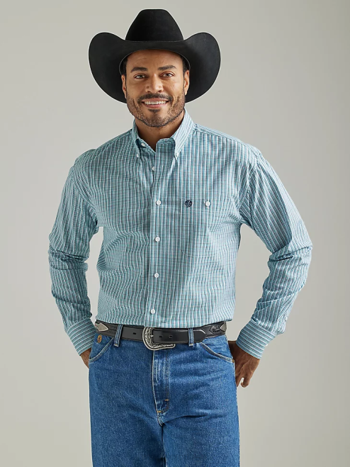 Wrangler Clothing Aqua Sea Tattersal (112327804) Men George Strait Long Sleeve Button Down One Pocket Plaid Shirt 8V2H319