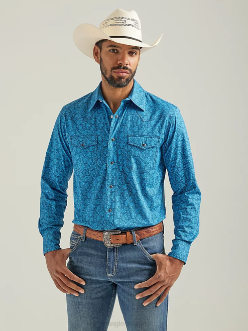 Wrangler Clothing Azul (112324831) Men 20X Competition Advanced Comfort Long Sleeve Western Snap Print Shirt Blue 8V2H485