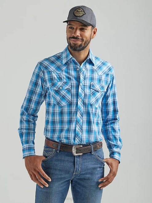 Wrangler Clothing Azul (112324832) Men 20X Competition Advanced Comfort Long Sleeve Two Pocket Western Snap Plaid Shirt 8V2H493