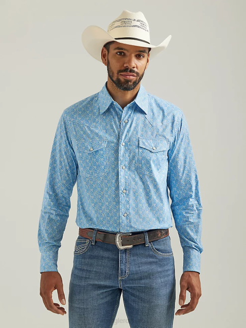 Wrangler Clothing Azul Blue (112324833) Men 20X Competition Advanced Comfort Long Sleeve Western Snap Print Shirt 8V2H481